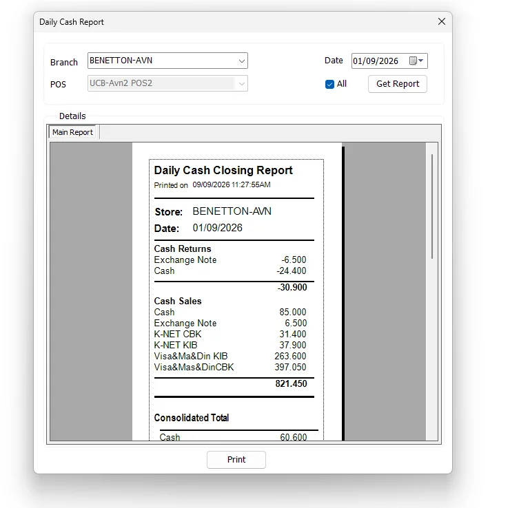 IMS Daily Cash Report with All POS terminals selected