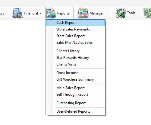IMS Reports menu with Cash Report selected
