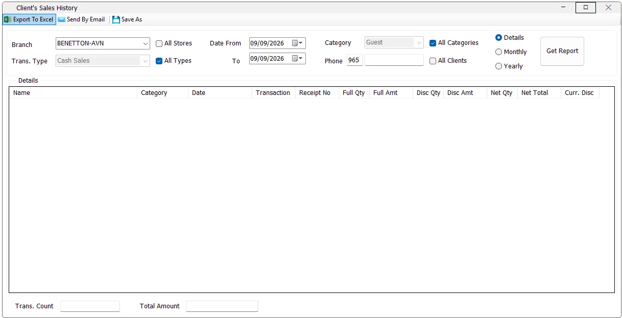 IMS Client's Sales History report screen