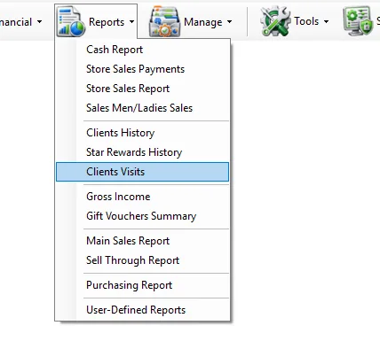 IMS Reports menu with Clients Visits selected