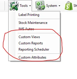 IMS Tools menu showing Custom Views, Custom Reports and Reporting Scheduler