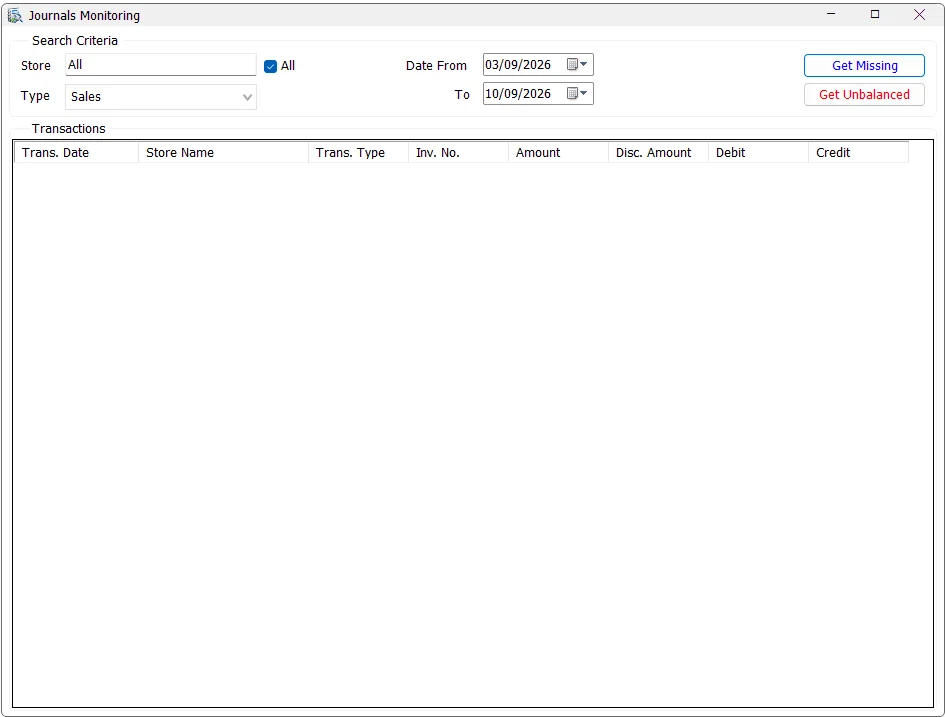 IMS Journals Monitoring screen with Store, Type, date range, Get Missing and Get Unbalanced