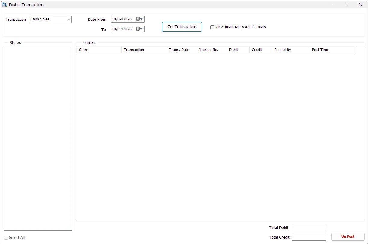 IMS Posted Transactions screen with transaction type, date range, stores, journals and UnPost