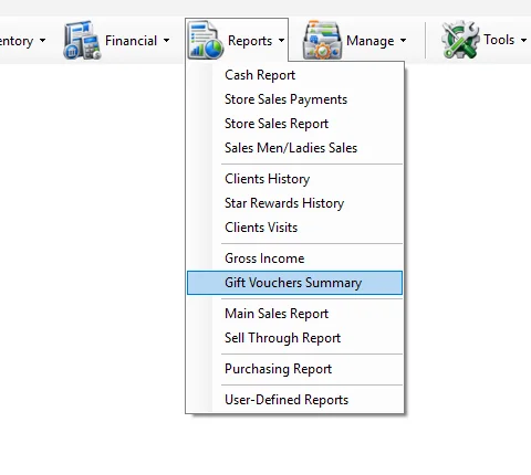 IMS Reports menu with Gift Vouchers Summary selected