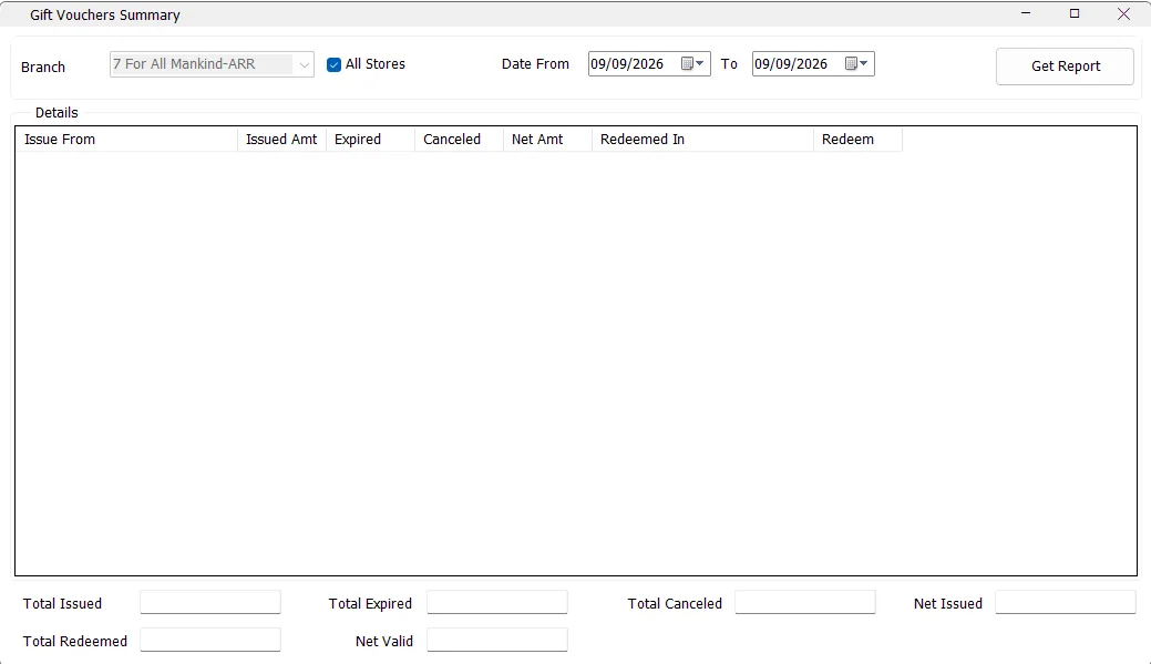 IMS Gift Vouchers Summary report screen