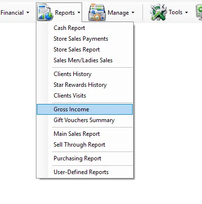 IMS Reports menu with Gross Income selected
