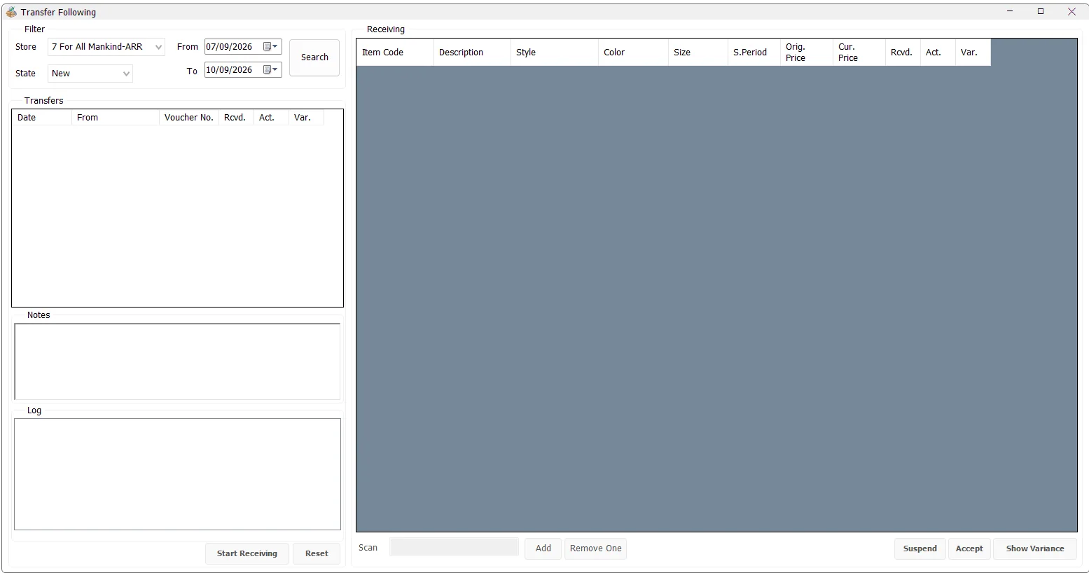IMS Transfer Following screen showing transfer filters, incoming vouchers, notes, log and receiving grid