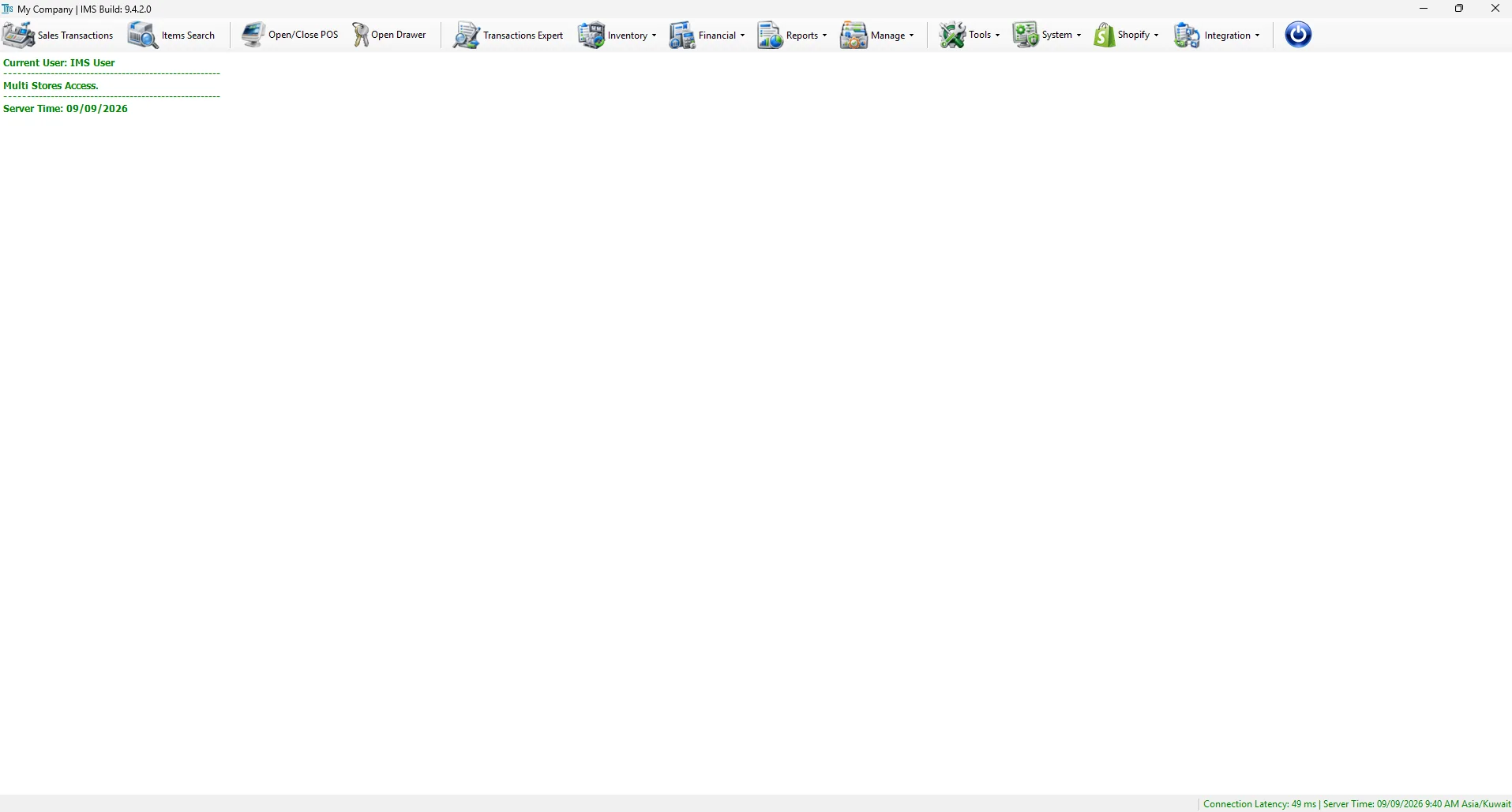 IMS main screen showing the top toolbar, user information and connection status