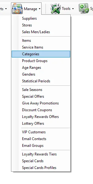 IMS Manage menu with Categories selected