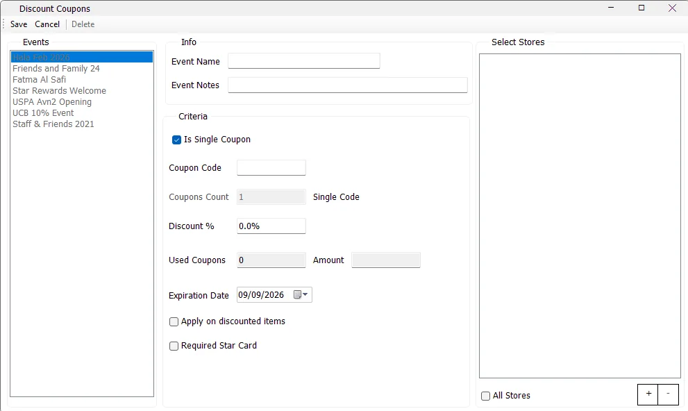 IMS Discount Coupons maintenance screen