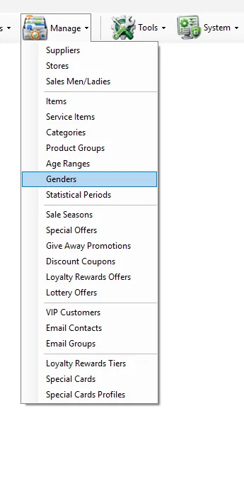 IMS Manage menu with Genders selected