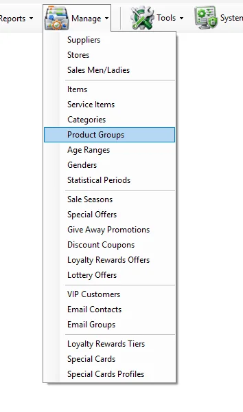 IMS Manage menu with Product Groups selected