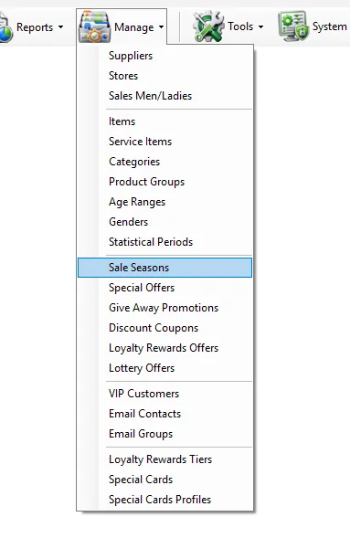 IMS Manage menu with Sale Seasons selected
