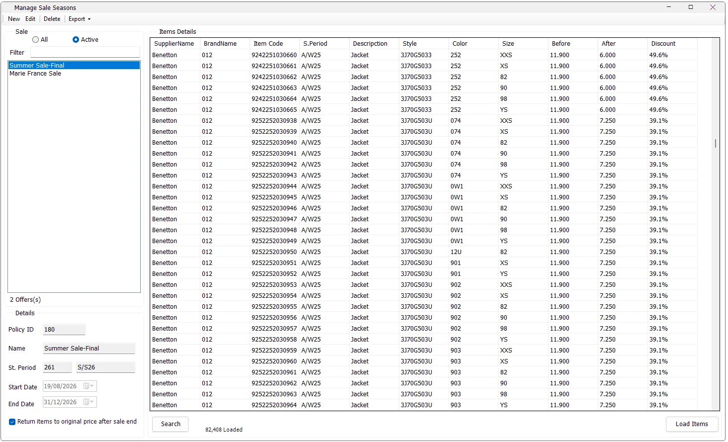 IMS Manage Sale Seasons screen showing sale policies, details and item sale prices