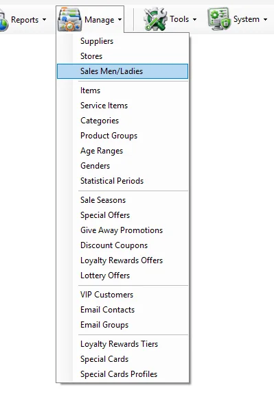 IMS Manage menu with Sales Men/Ladies selected