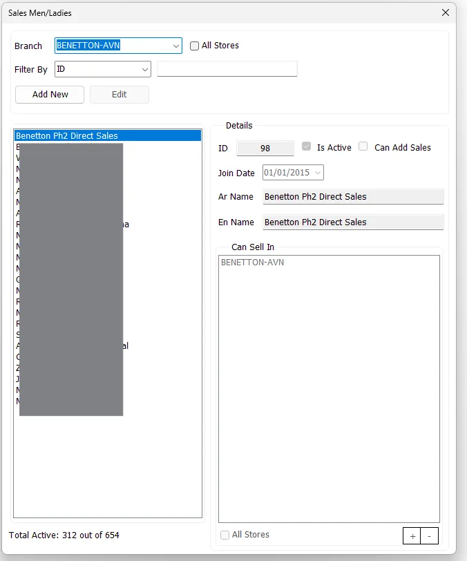IMS Sales Men/Ladies management screen with branch filter, salesperson details and Can Sell In stores