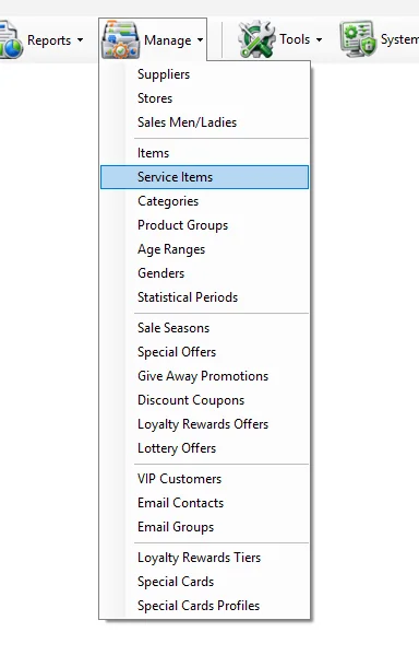 IMS Manage menu with Service Items selected