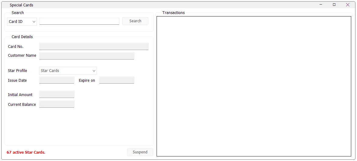 IMS Special Cards screen showing search, card details and transaction history