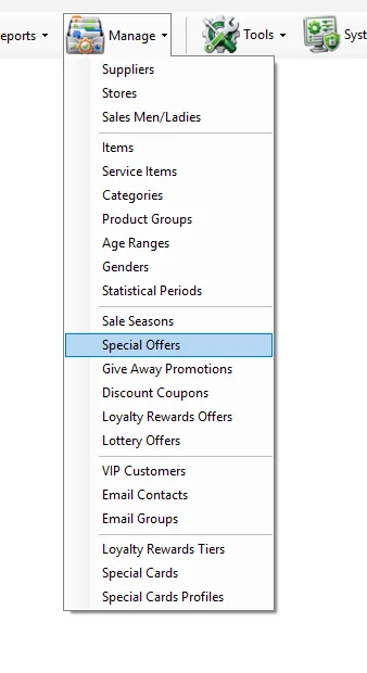 IMS Manage menu with Special Offers selected