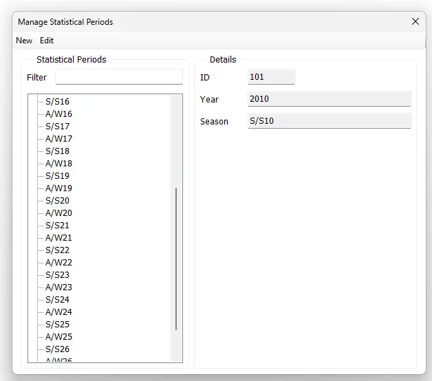 IMS Manage Statistical Periods screen showing ID, Year and Season