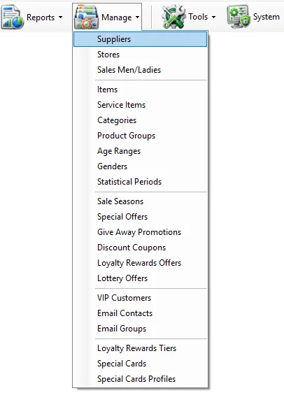 IMS Manage menu with Suppliers selected