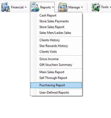IMS Reports menu with Purchasing Report selected
