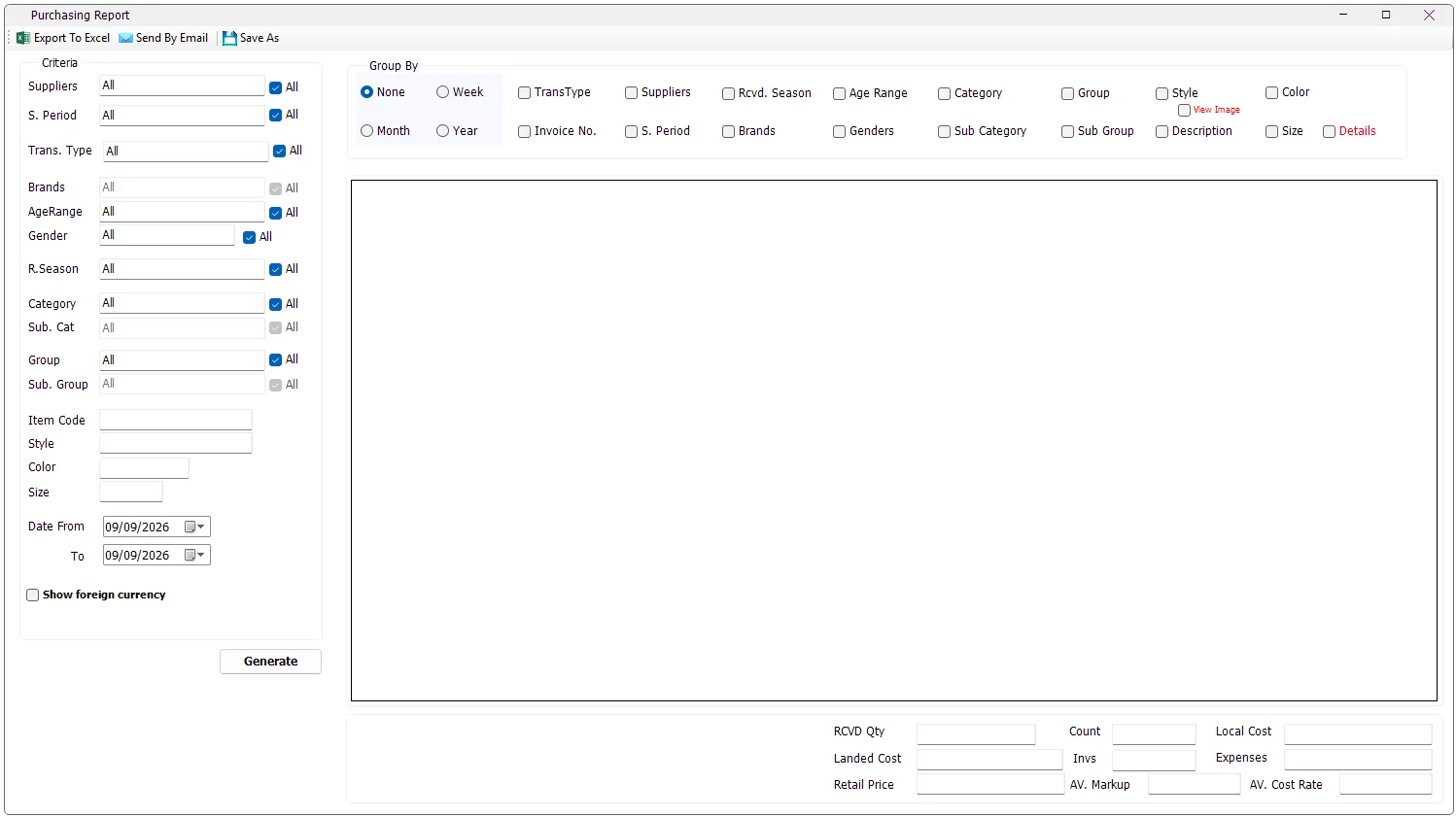 IMS Purchasing Report criteria, Group By options and summary totals