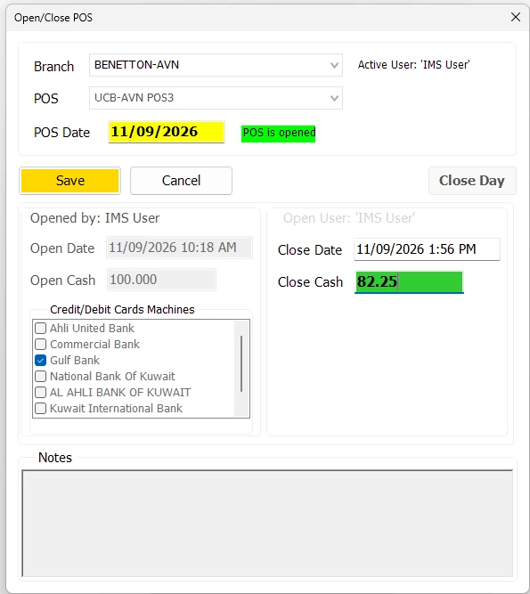 IMS Open Close POS while closing an active shift with Close Cash entered