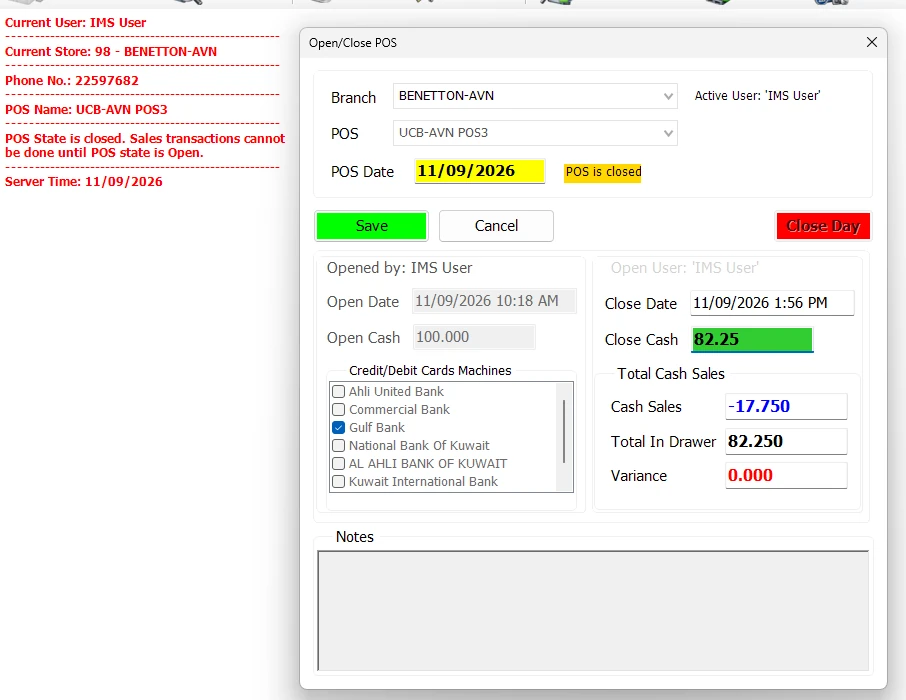 IMS Open Close POS after the shift is closed showing Cash Sales, Total In Drawer, Close Cash, Variance and Close Day