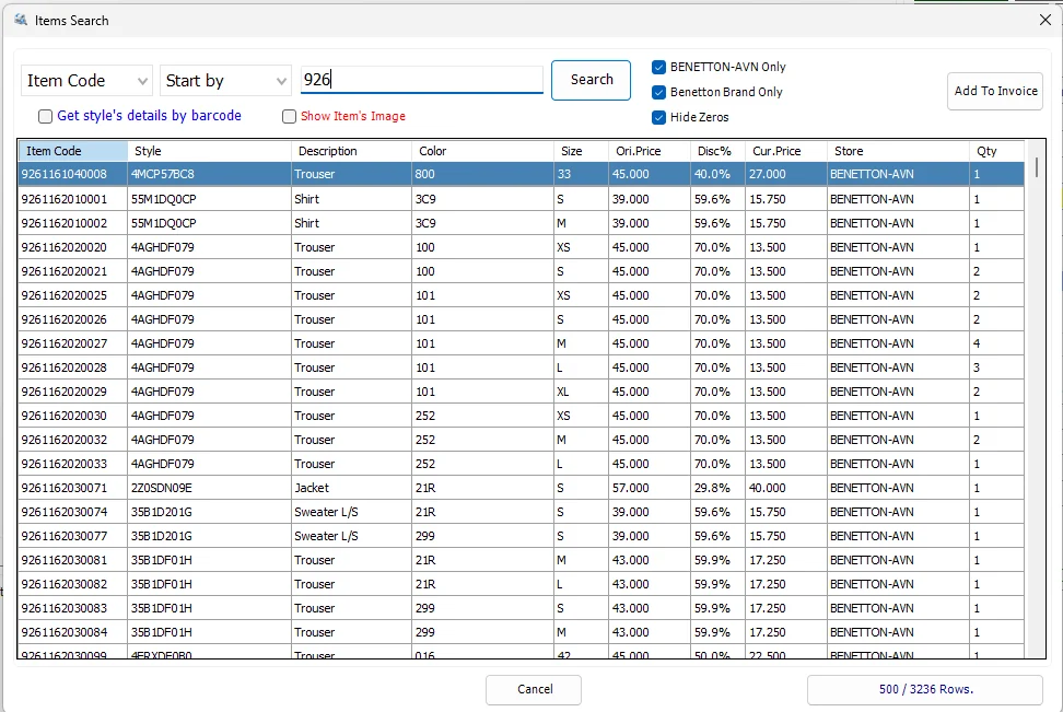 IMS Items Search showing item-code criteria, Store and Brand filters, prices, discount and available quantity