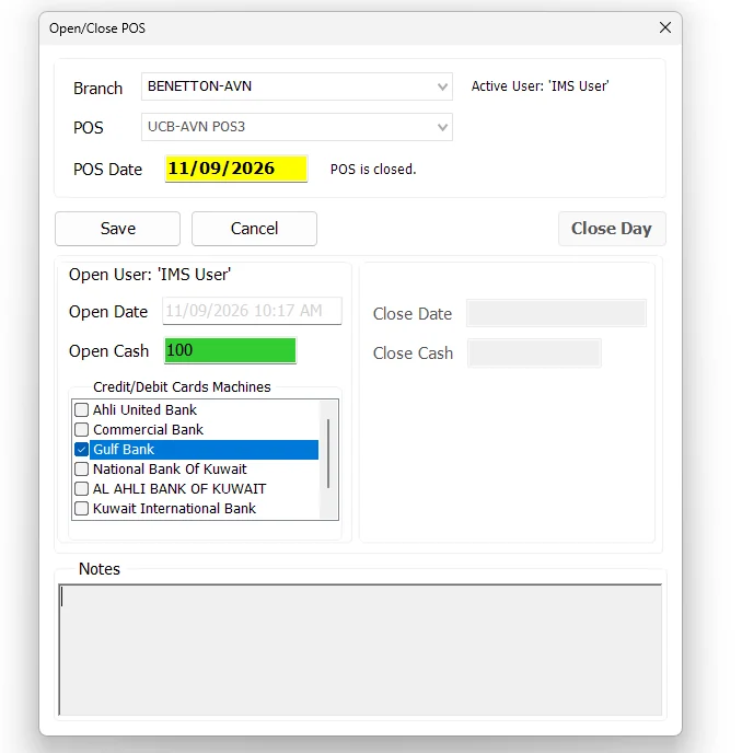 IMS Open Close POS screen while preparing to open a shift with Open Cash and selected card machine