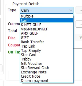 IMS Sales Transaction payment type list showing Multiple, direct card and bank payments, Star Card, Gift Voucher, StarReward Cash, Exchange Note and Credit Note