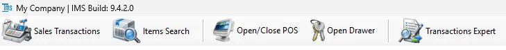 IMS Sales toolbar showing Sales Transactions, Items Search, Open/Close POS, Open Drawer and Transactions Expert