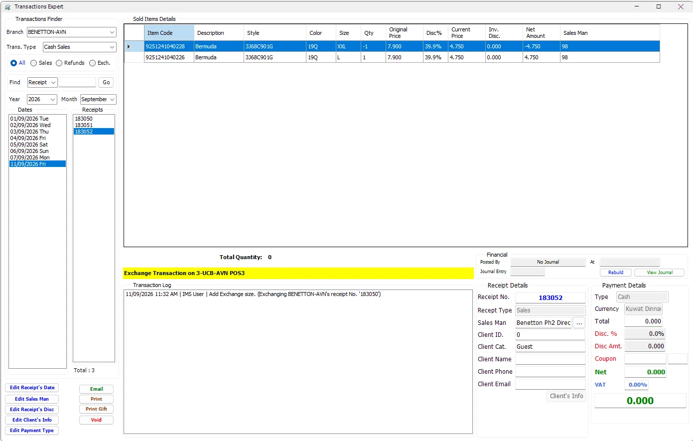 Transactions Expert showing an Exchange Size transaction with returned and replacement sizes