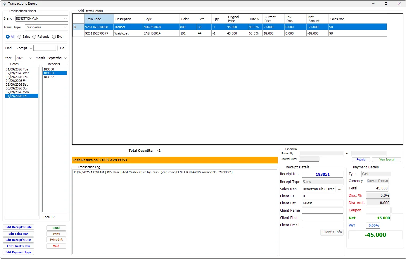 Transactions Expert showing a Cash Return with negative quantities and negative totals