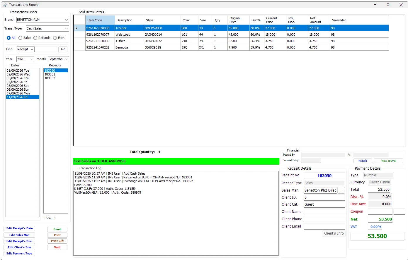 Transactions Expert showing a normal Cash Sales receipt with item lines, transaction log, receipt details and payment information