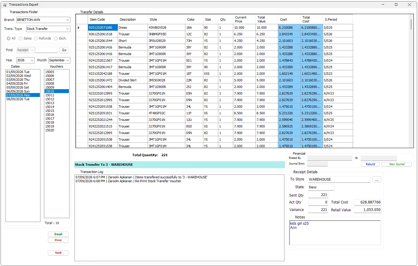 Transactions Expert in Stock Transfer mode showing transfer details, destination, receiving state, totals and transaction log