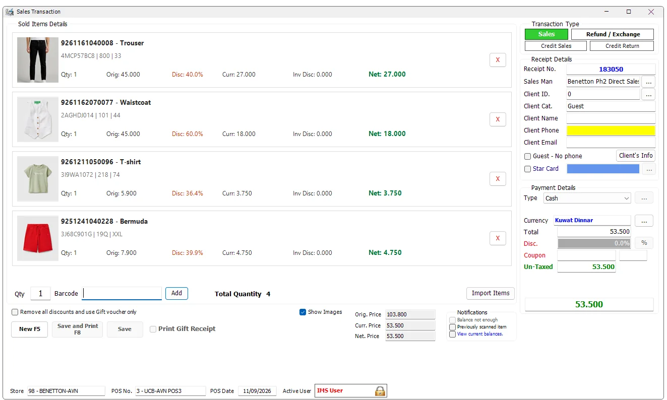 IMS Sales Transaction screen with four sold items, transaction type, customer details, payment details and receipt totals