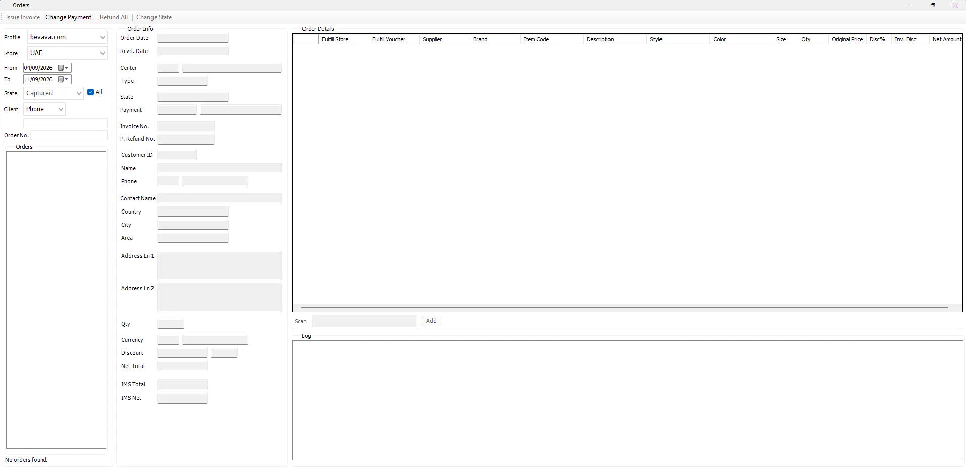 IMS Incoming Orders screen with Profile and Store filters, order information, item details and order log