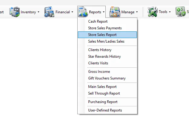 IMS Reports menu with Store Sales Report selected