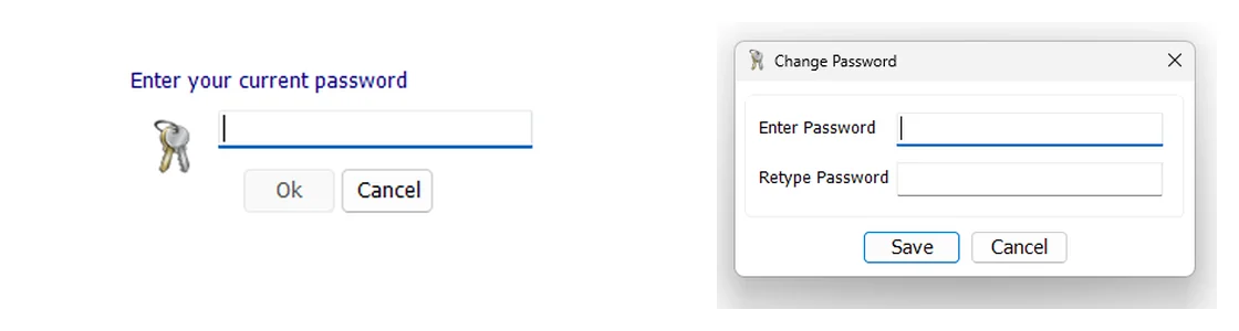 IMS Change Password two-step workflow showing current password confirmation followed by new password and retype fields