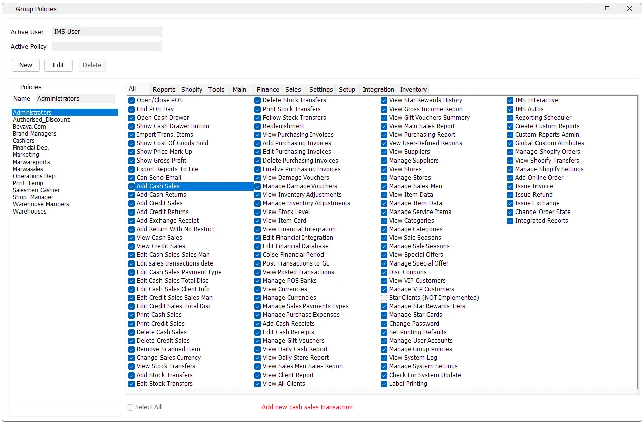 IMS Group Policies screen showing policy list, categorized permissions and checked access rights