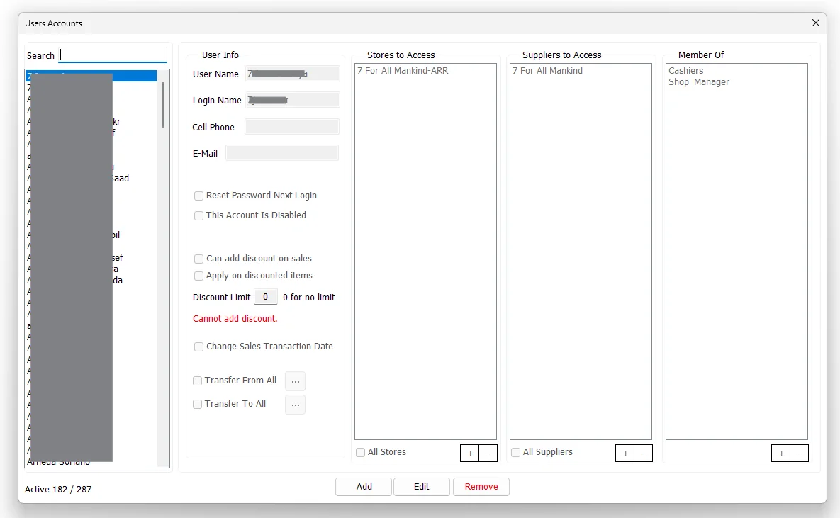 IMS Users Accounts screen showing user information, store access, supplier access and group membership