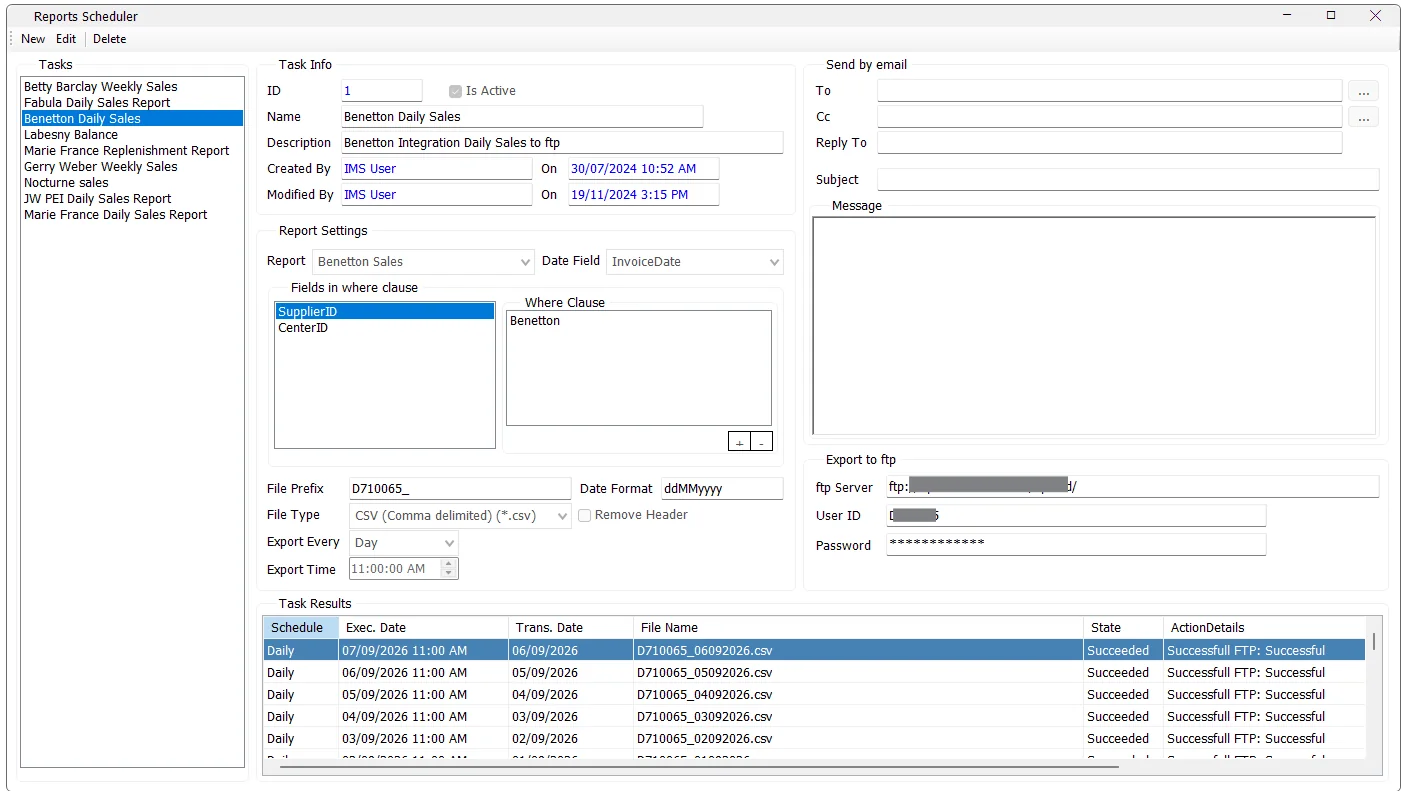 IMS Reports Scheduler showing task settings, report criteria, email and FTP delivery, and execution results